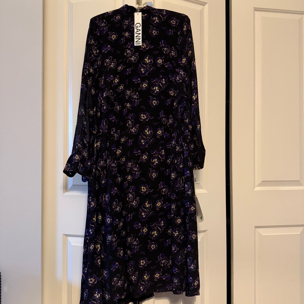 Ganni Black and White Tiered Dress with Bishop Sleeves